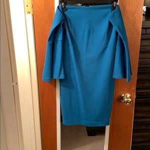 Blue off the shoulder dress.